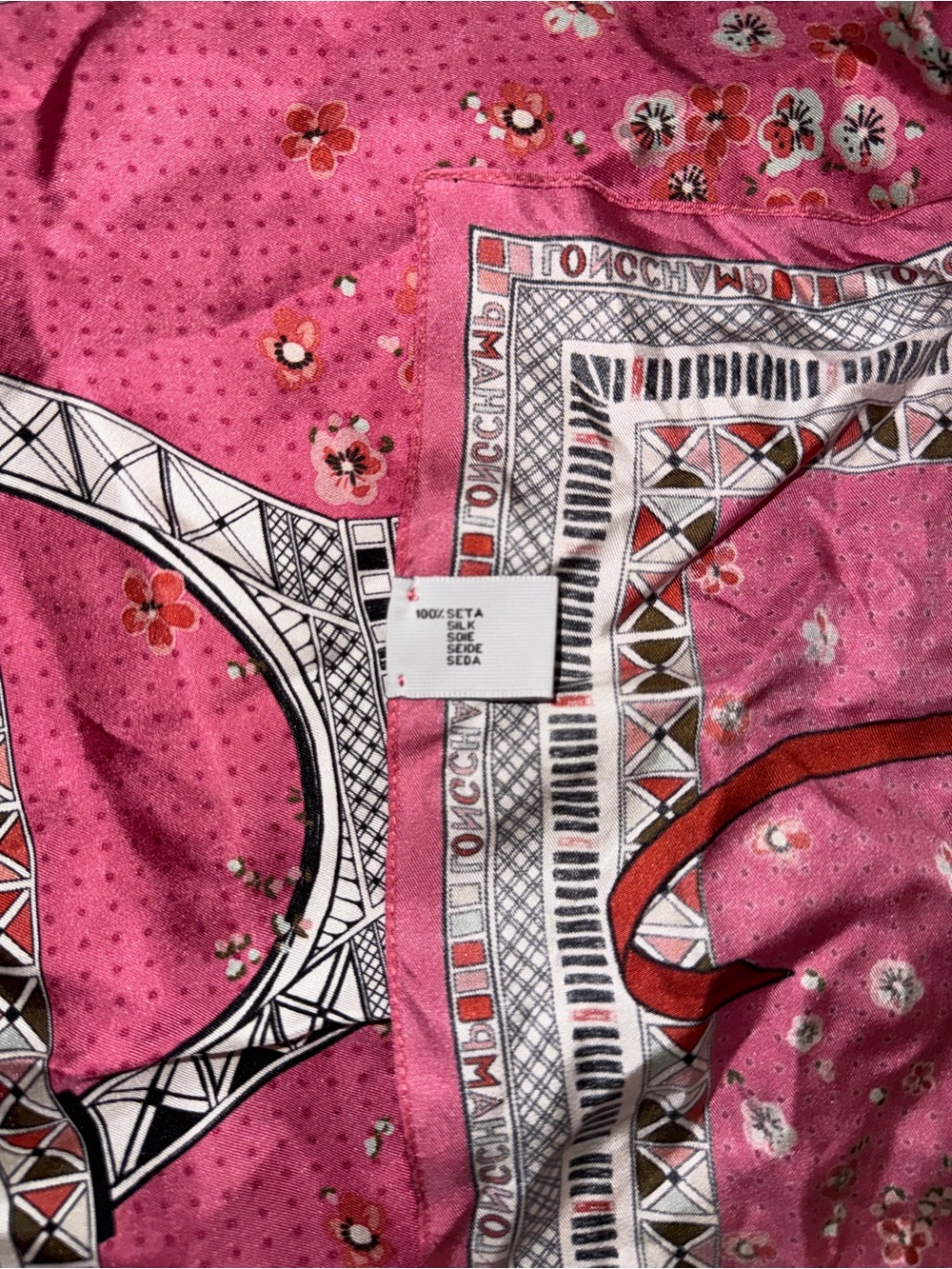 Longchamp Pink Eiffel Tower Silk Scarf - Picture 2 of 2